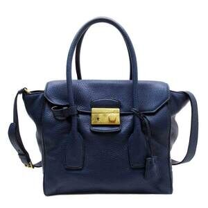 PRADA Handbag Crossbody Shoulder Bag Navy Blue Gold Leather